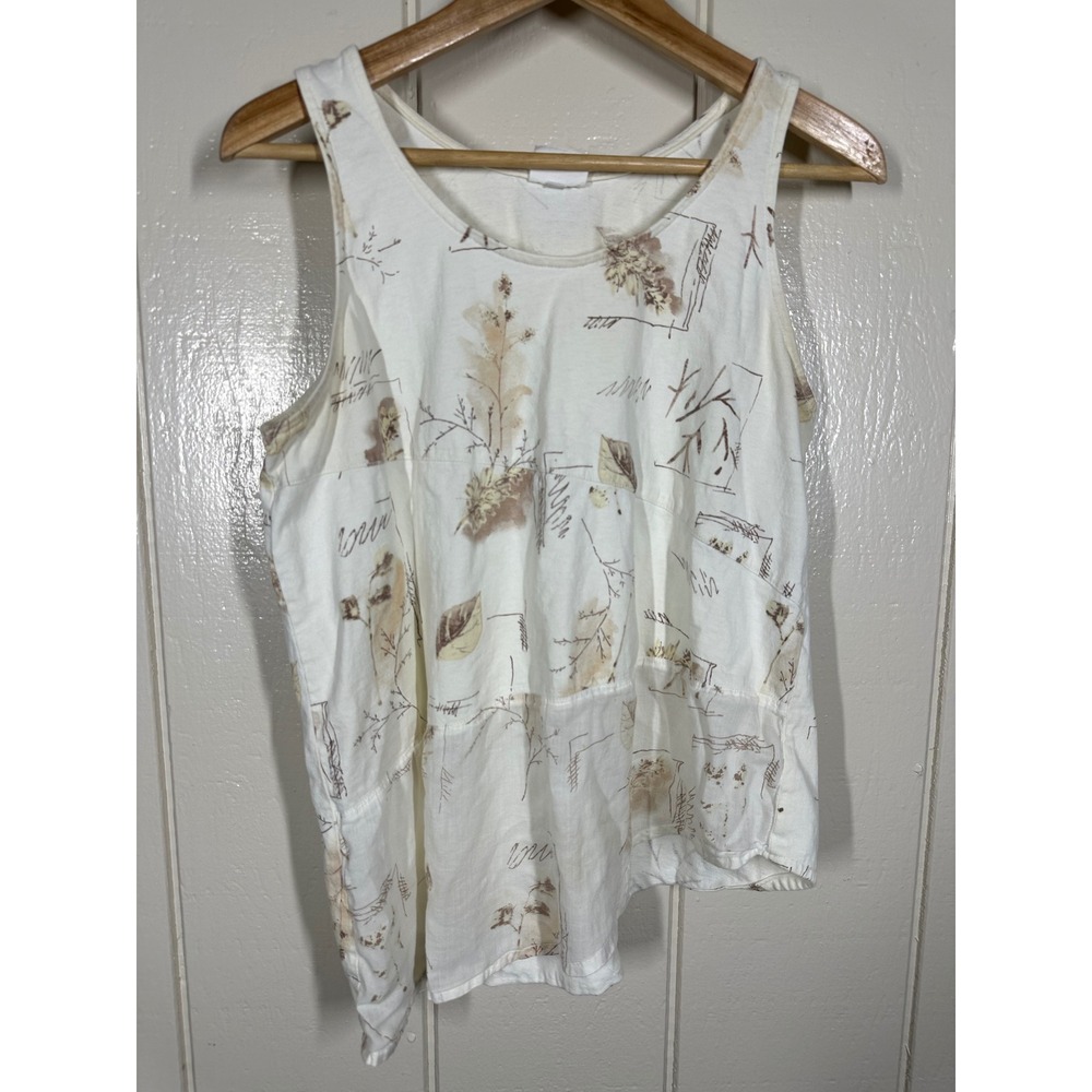 Stamp Tank Top Womens M White Brown Botanical Print Mixed Media Sleeveless Scoop